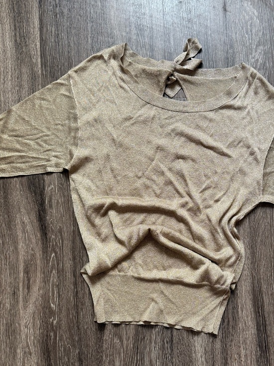 Tops - Women's Shimmery Taupe Tie-Back Short Sleeve Top